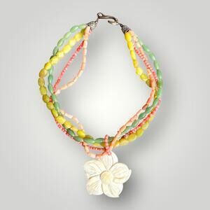 Multi Strand Beaded Necklace Mother of Pearl Flower Pendant 18” Sterling Clasp